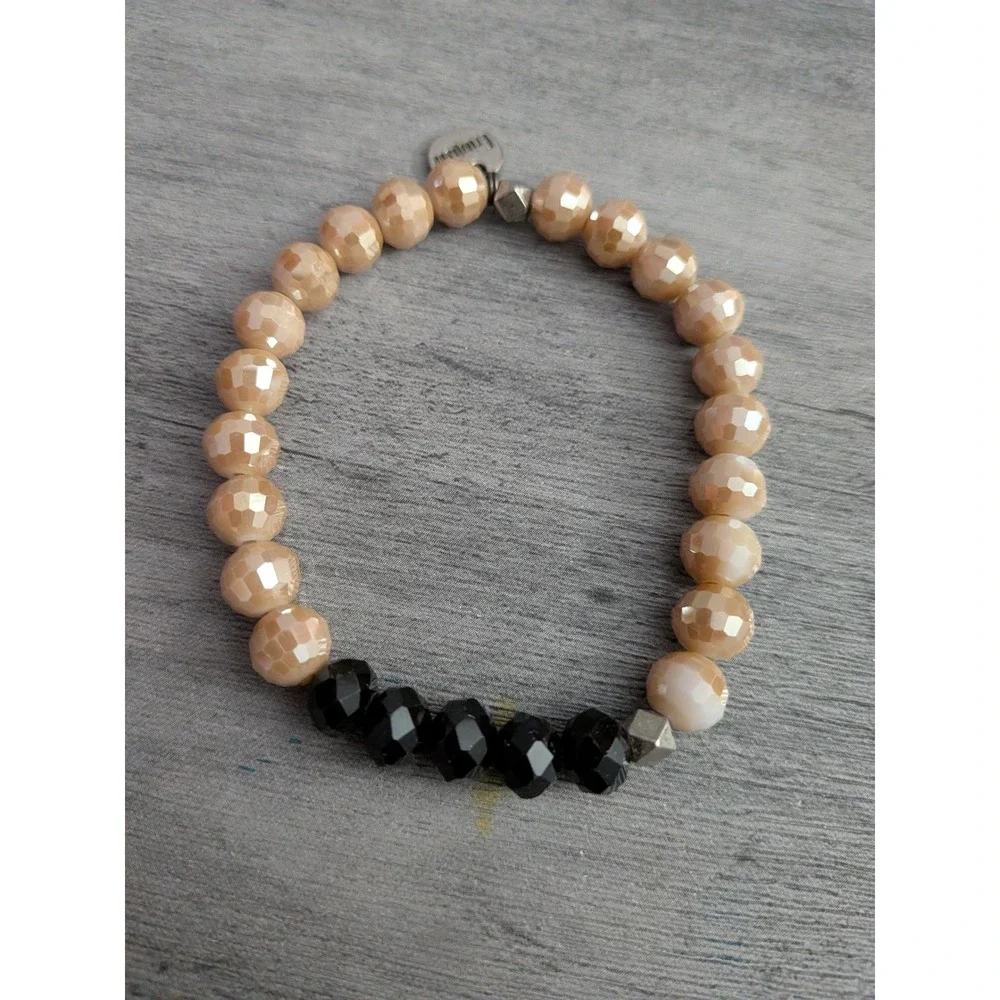 Erimish Beaded Stretch Bracelet Champagne Black Faceted Glass Charm Boho
